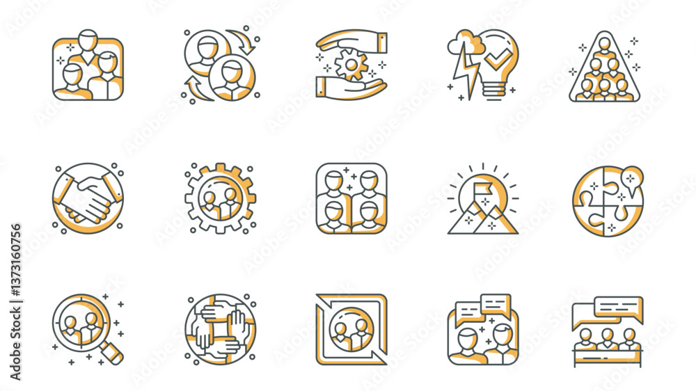 Fototapete teamwork icons set in outline stroke design for web. pack line pictograms with team, interaction, pr