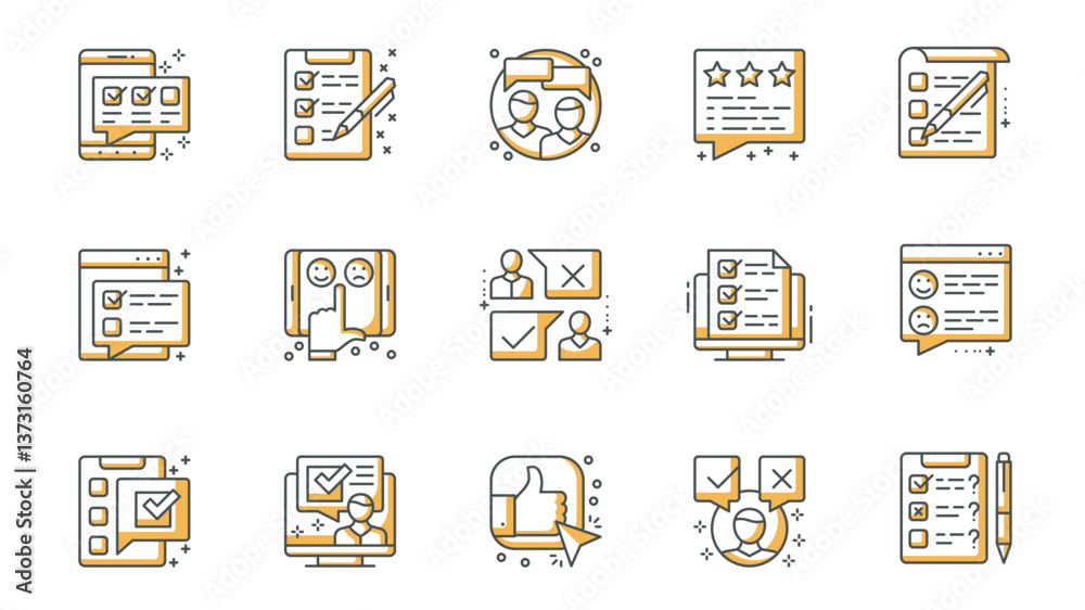 Wall mural survey icons set in outline stroke design for web. pack line pictograms with online examining, check