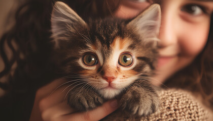 Smiling woman gently holding adorable fluffy kitten in her hands. Concept of cat, pet care, animal companionship, love, tenderness, cute pet, domestic animal, feline affection