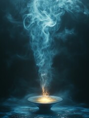 A glowing bowl releases smoke into an abstract and dark atmosphere