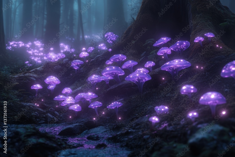 Poster a mystical forest landscape with luminous purple mushrooms illuminating the shadowy undergrowth, cre