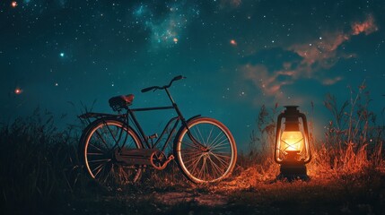 Obraz premium Nightfall Ride: A Serene Bicycle and Lantern Scene Under a Starry Sky
