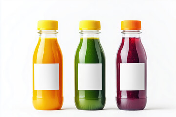 Bottles with blank mock up labels with red, green and orange smoothies