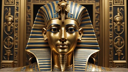 Obraz premium Pharaoh's golden mask with hieroglyph details. History, culture design perfect for ancient Egypt, art, or archaeology themes.