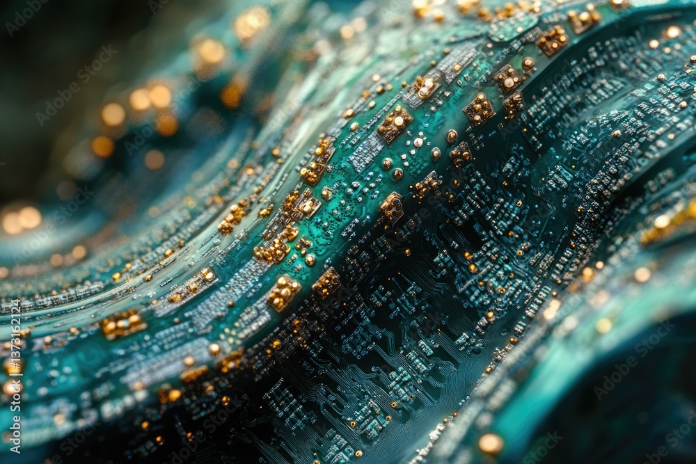 Poster abstract macro shot of a circuit board with golden connectors, resembling a technological landscape 