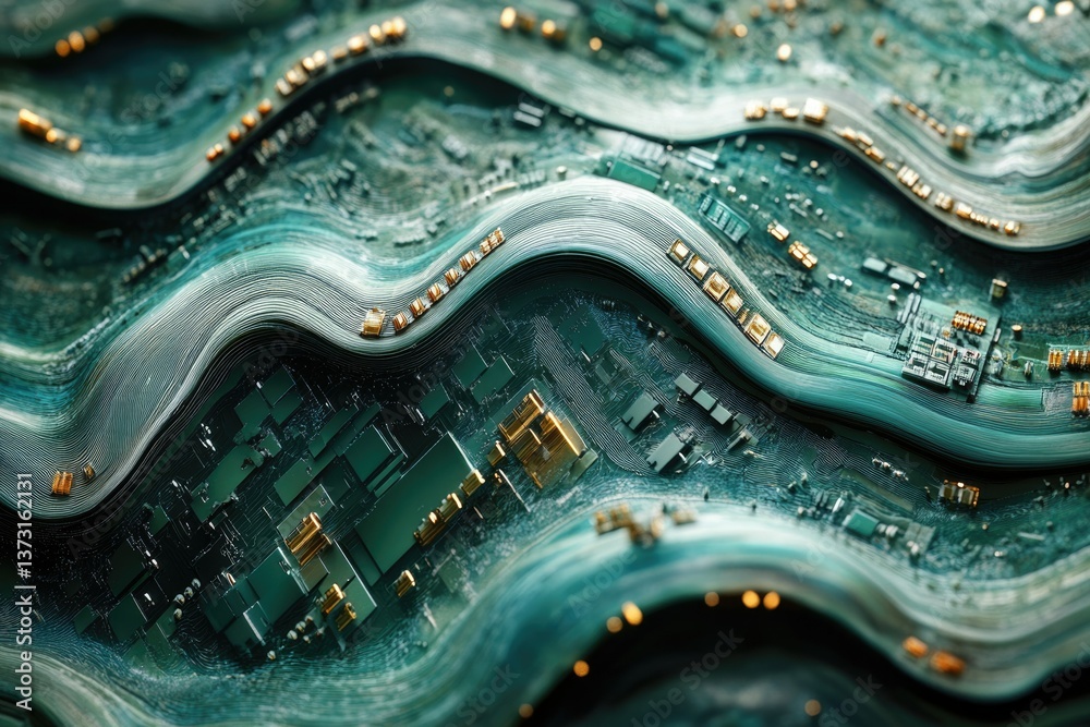 Poster Abstract aerial view of a city resembling circuit board with teal and gold elements, creating a futuristic tech landscape.