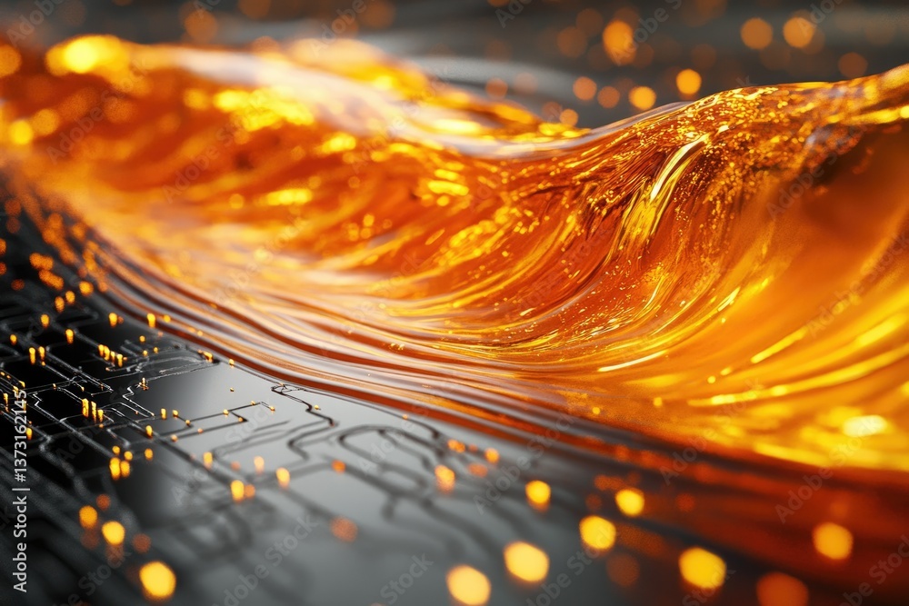 Poster golden fluid flows over an integrated circuit, with glowing orbs creating a technological and artist