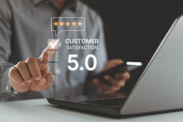 Satisfaction rating concept. Quality and standard in customer service. Client service experience and business satisfaction review feedback survey. Marketing management support technology on website.