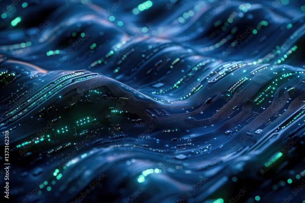 Leinwandbilder Abstract rendering of circuit board patterns forming waves, illuminated with glowing green lights, conveying a sense of connectivity.