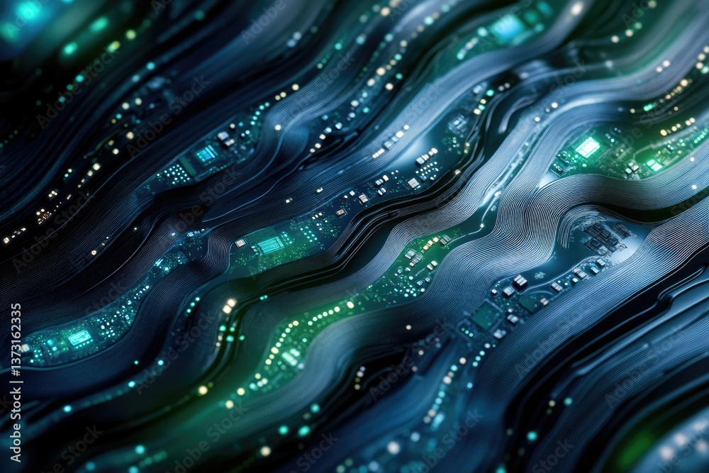 Fototapete A digital circuit board illustration with flowing lines representing data streams and technological advancements, reflecting connectivity.