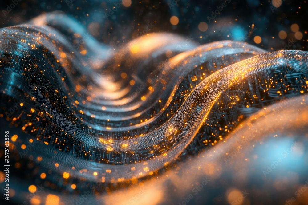 Poster Abstract wave pattern with glowing golden nodes on a dark background, creating a futuristic and technological feel, resembling a circuit board.