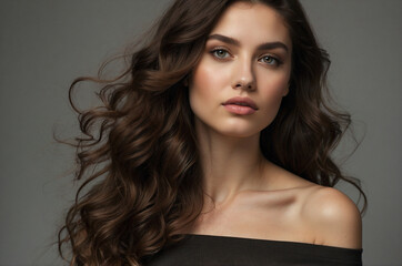 Fototapeta premium Elegant young woman in black off-shoulder dress posing confidently, soft wavy hair, dark earthy background, intimate portrait