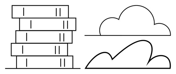Stack of data servers next to schematic cloud shapes, representing digital storage and network concept. Ideal for technology, innovation, IT solutions, cloud services, data management, connectivity