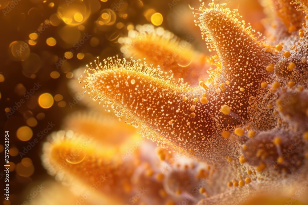 Poster a mesmerizing close-up of coral polyps, glowing orange with intricate textures and vibrant, bokeh-fi