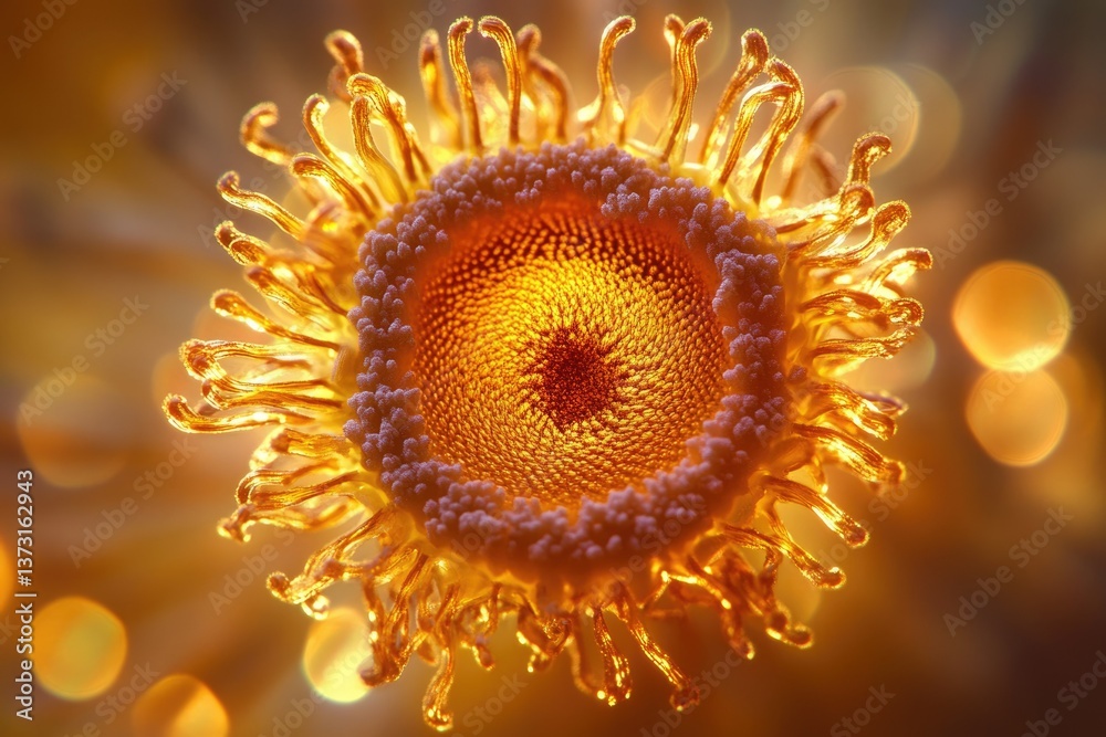 Poster macro shot of a vibrant, golden flower with intricate details and a mesmerizing bokeh background.