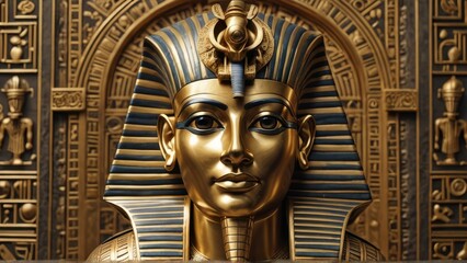 Obraz premium Pharaoh's golden mask with hieroglyph details. History, culture design perfect for ancient Egypt, art, or archaeology themes.