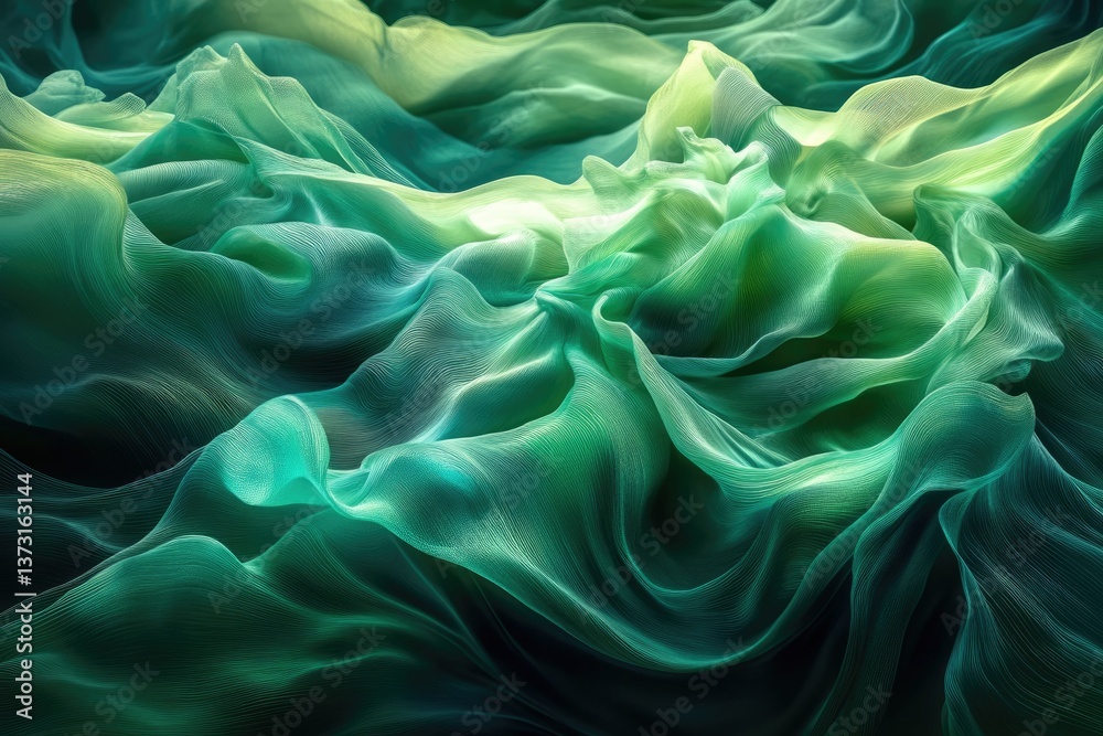 Poster Abstract flowing fabric in shades of green and yellow, creating a dynamic and ethereal artistic effect.