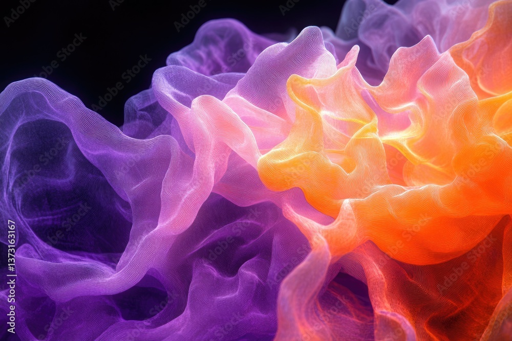 Poster abstract mesh of undulating shapes, blending from purple to pink to orange, against a dark backgroun