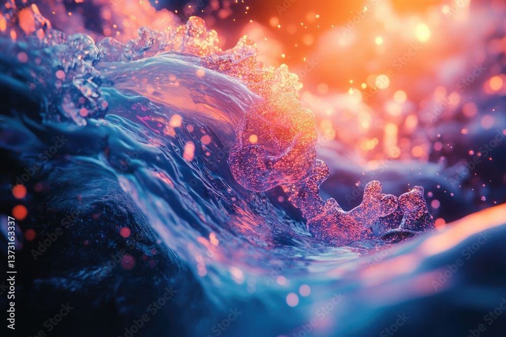 Poster A captivating image of a wave with pink and orange highlights and bokeh lights scattered across the background and surface.