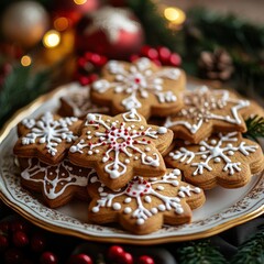 Delicious Gingerbread Cookies Decorated with Snowflake Icing