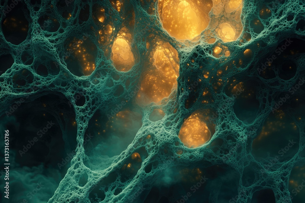 Leinwandbilder intricate turquoise web structure with glowing orange interiors, resembling cells or otherworldly te