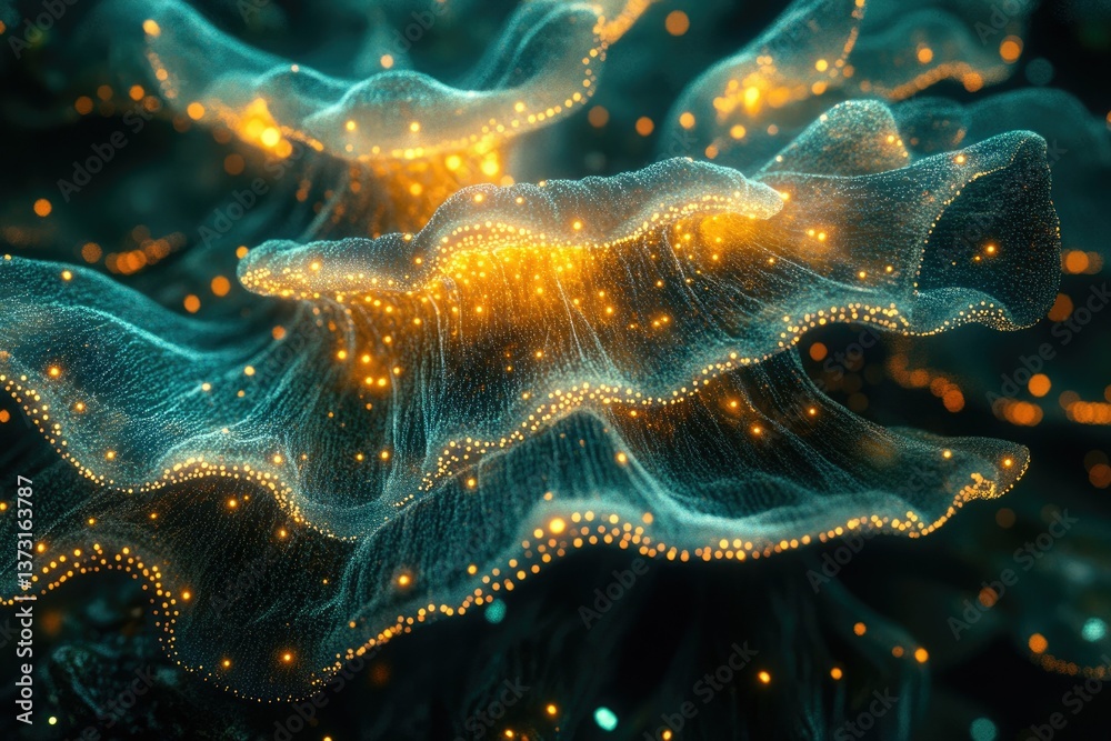 Aufkleber Abstract glowing network with teal waves and orange points in a blurred, elegant, dark backdrop.