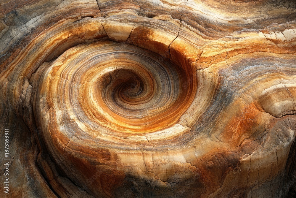 Poster A mesmerizing close-up shot reveals a swirling pattern of layered rock with earthy tones and textures, creating a captivating natural abstract.