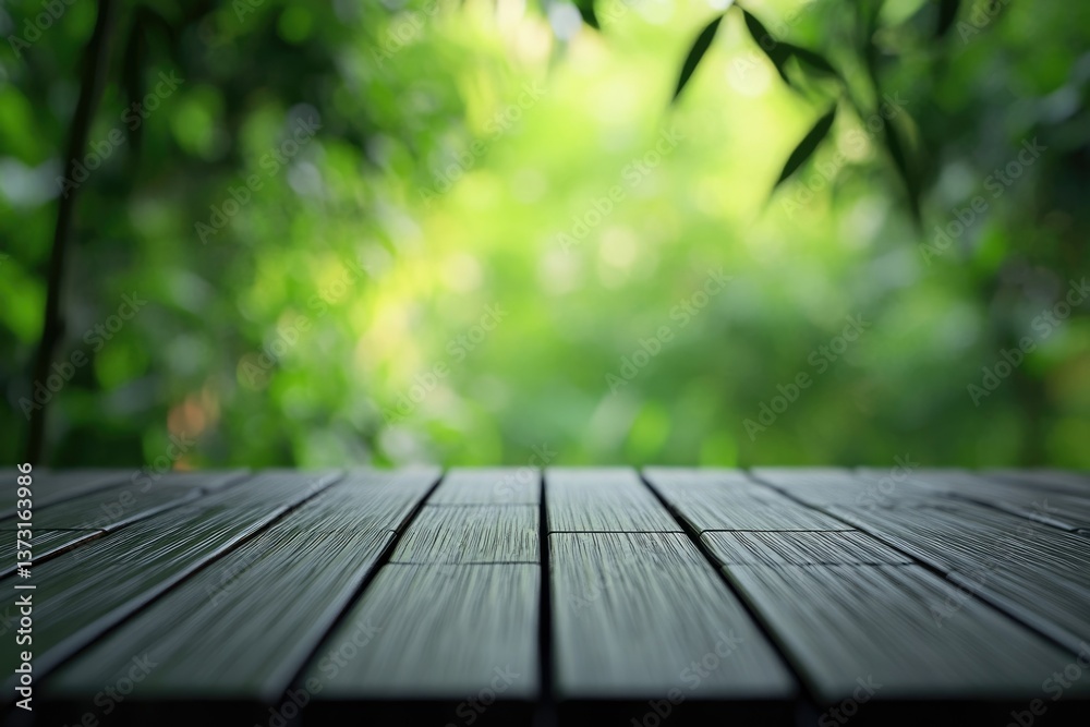 Poster wooden surface against a backdrop of lush green foliage, with blurred bokeh creating a sense of dept