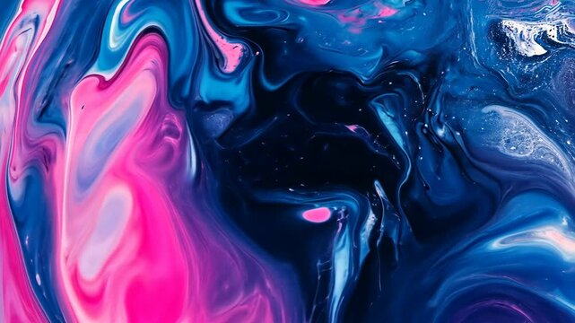 Colorful abstract swirl of pink and blue paint creating mesmerizing patterns in a fluid motion