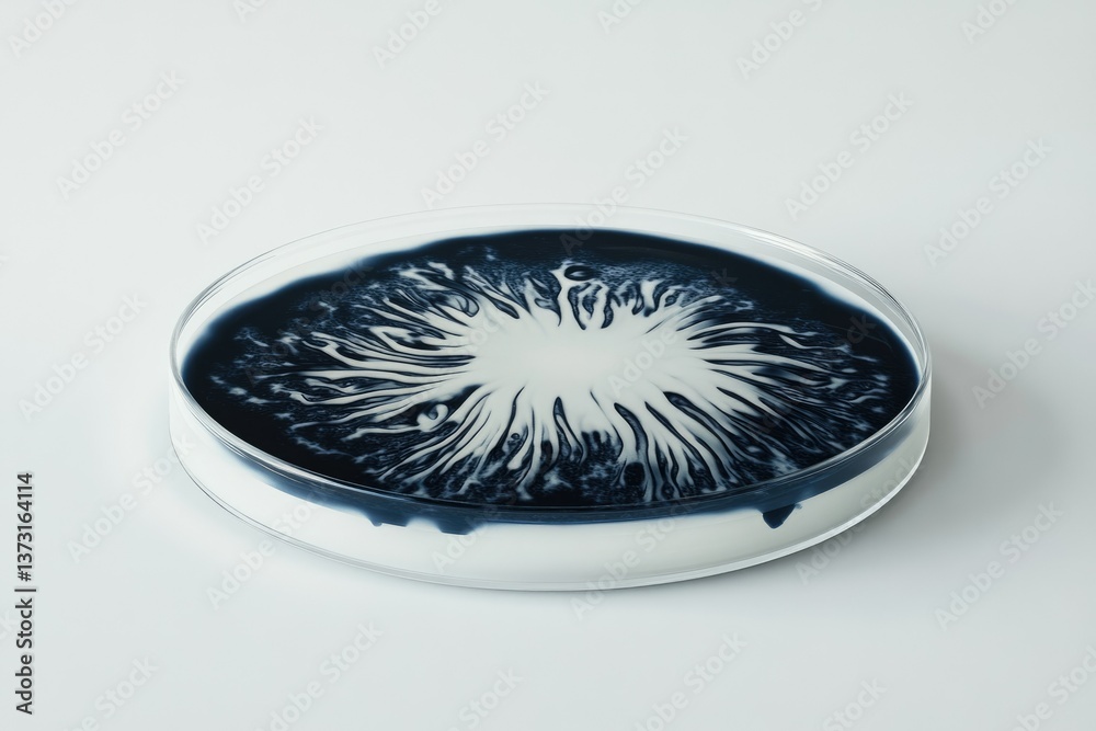 Poster petri dish filled with milk and ink, displaying an intricate radial pattern, set against a clean whi