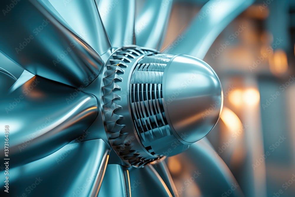 Poster Close-up of a turbine engine with multiple blades, featuring a shiny metallic finish and intricate details.
