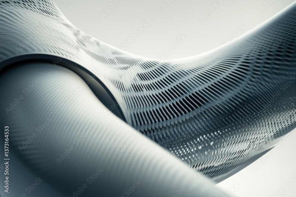 Poster Abstract rendering of interconnected curved surfaces featuring intricate mesh patterns with a play of light and shadows creating a depth.