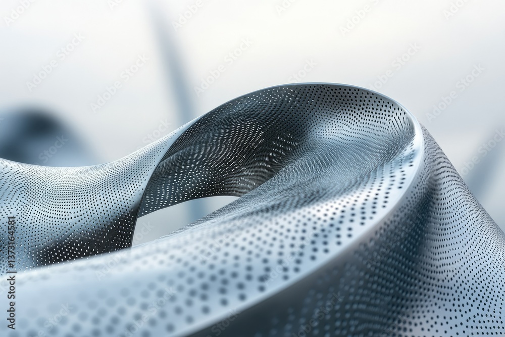 Poster abstract metal sculpture with perforated texture, curved design, and soft blue tones, creating a mod
