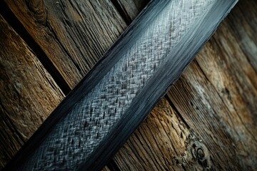 Close-up of a textured, dark gray blade with a woven pattern resting on weathered wooden planks.