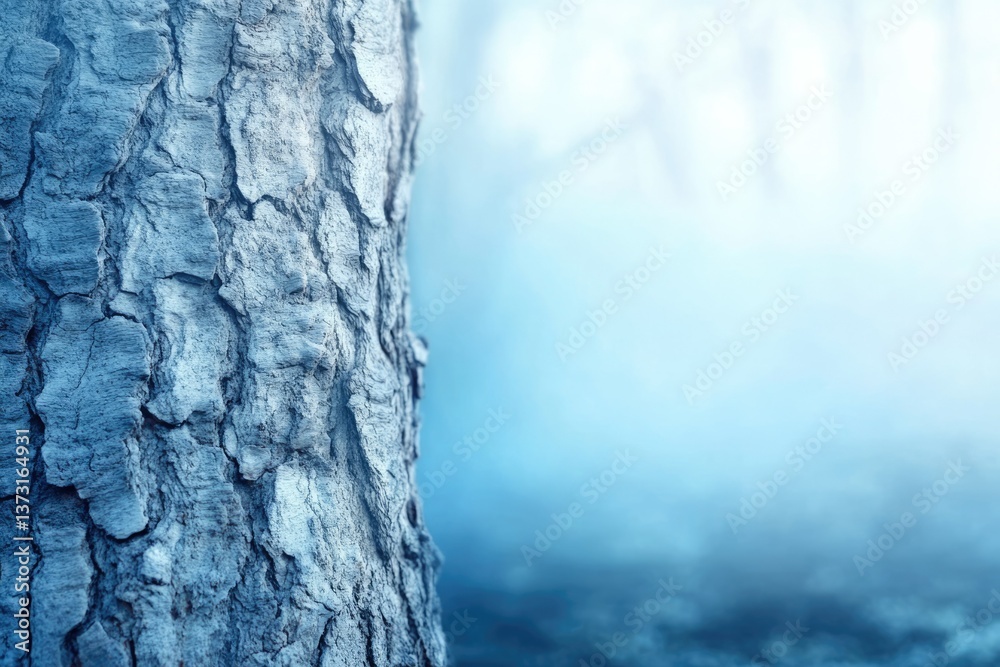 Poster A close-up of a tree trunk with a foggy forest background, creating a serene, wintry scene.