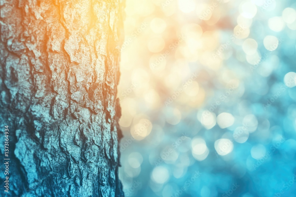 Poster A close-up captures the rough texture of a tree trunk illuminated by sunlight, set against a dreamy, blurred forest backdrop.