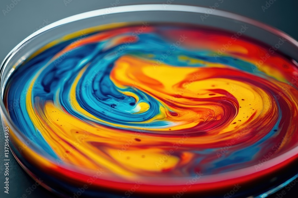 Poster a vibrant petri dish contains a swirling mixture of blue, yellow, and red pigments creating an abstr