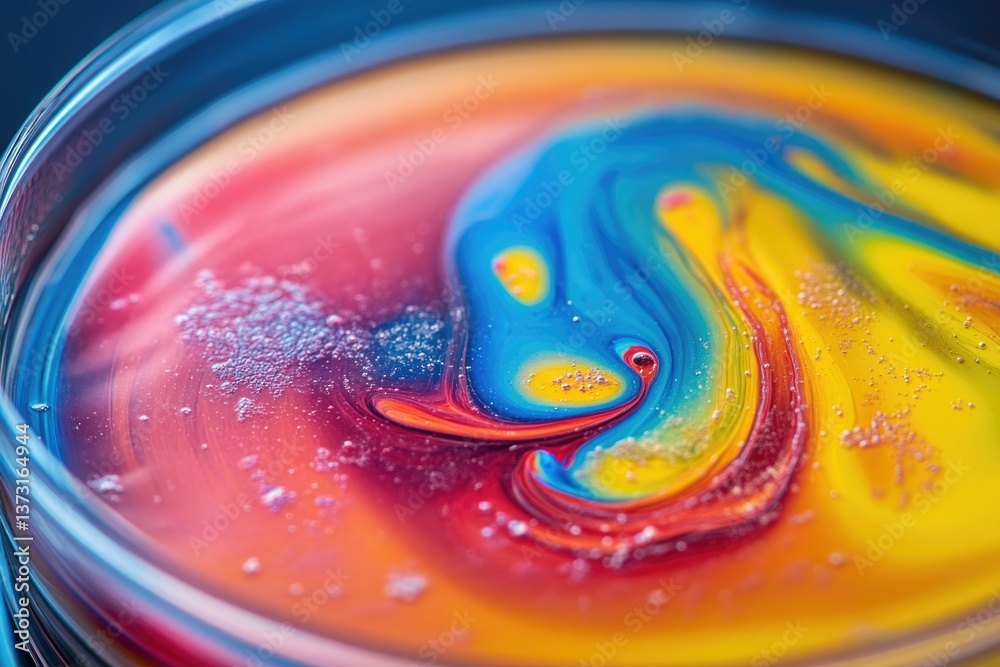 Poster Colorful swirl of mixed paints in a petri dish, creating an abstract and artistic design with bubbles and vibrant hues.