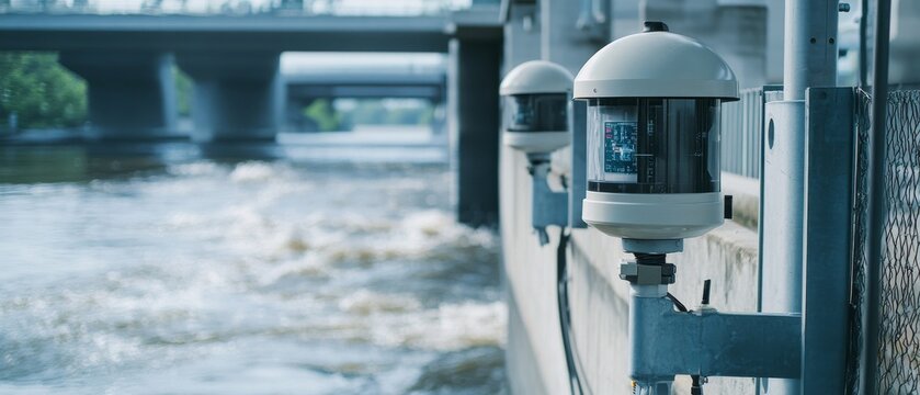 Engineers designing AI powered real time flood monitoring systems, high-tech river observation station with real-time water level data and flood alerts, High-tech style