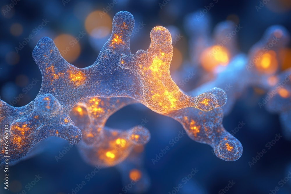 Poster a detailed, abstract, macro shot of a blue, textured, branching structure with glowing orange spots 