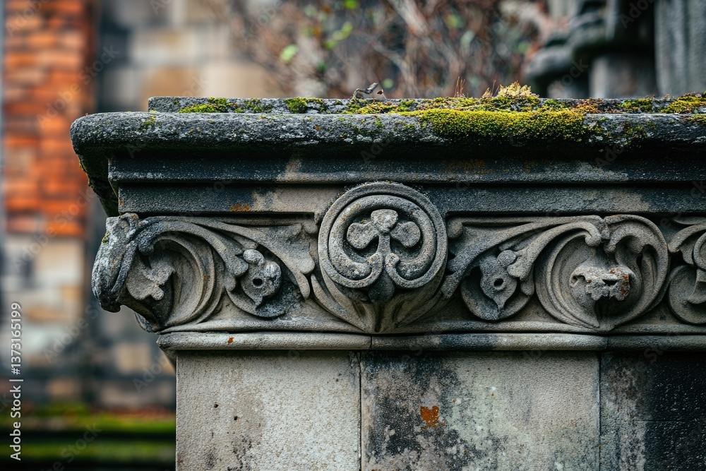 Poster a close-up of an aged stone structure with detailed carvings and moss on top showcasing its historic