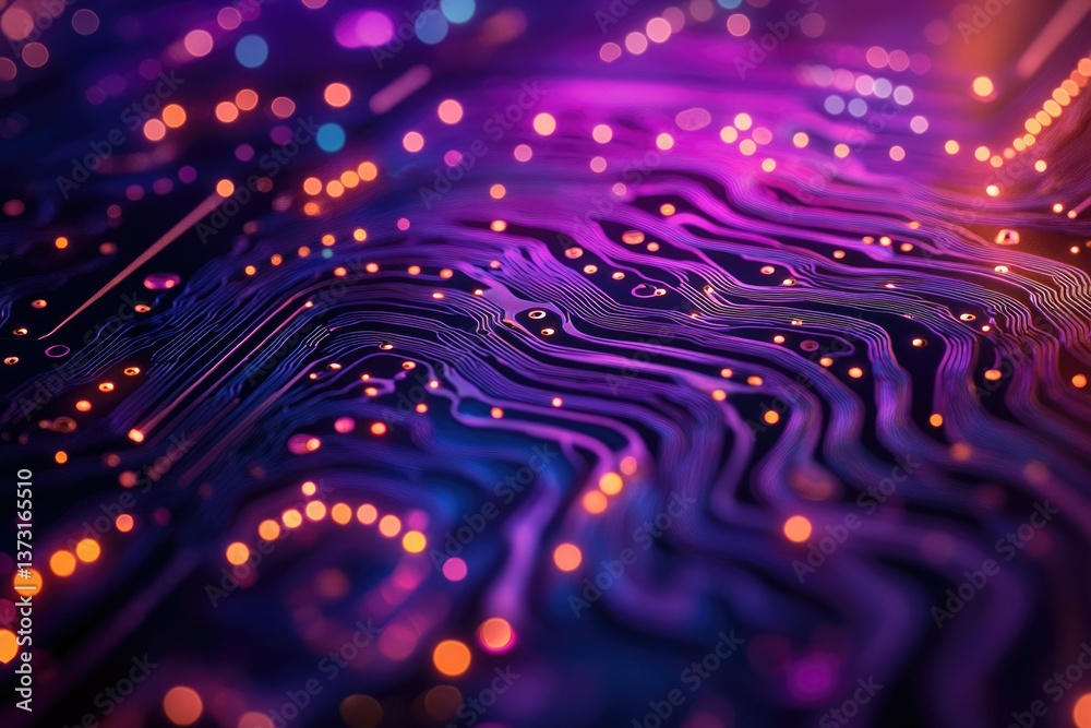 Poster Abstract purple circuit board with glowing orange nodes, representing technology, data flow, and interconnected systems in a visually striking composition.