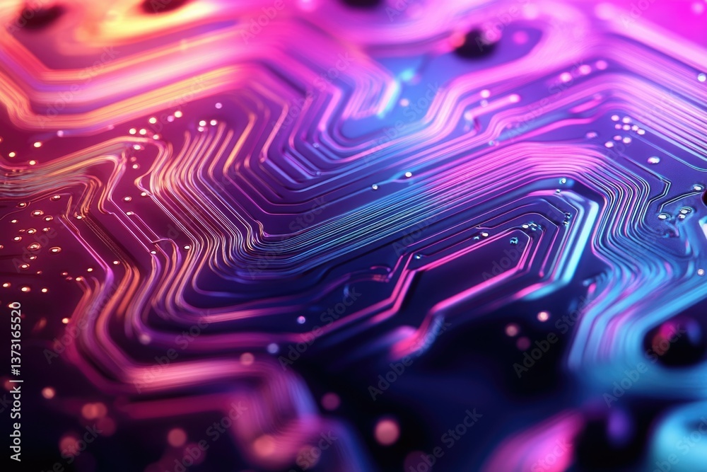 Poster abstract, vibrant close-up of a computer circuit board with pink and blue lighting, showcasing intri