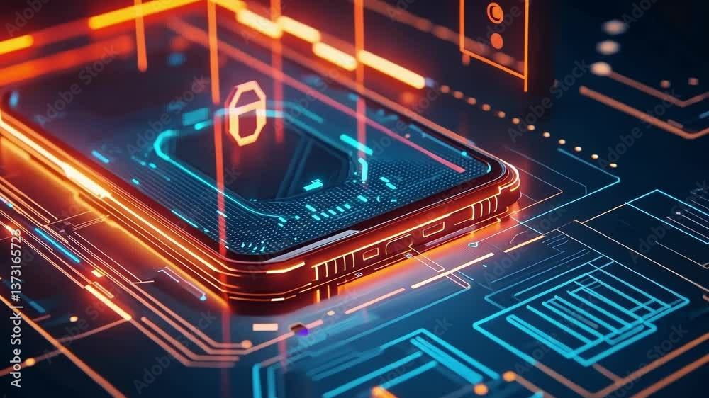 Poster futuristic smartphone is transferring data while showing security lock symbol, ensuring secure commu
