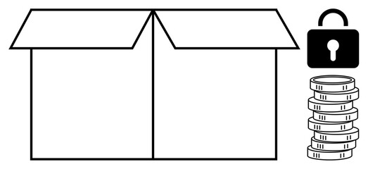 Open box alongside lock and stacked coins illustrating secure storage, financial management, savings, trust, organization, privacy, and protection. Flat simple metaphor