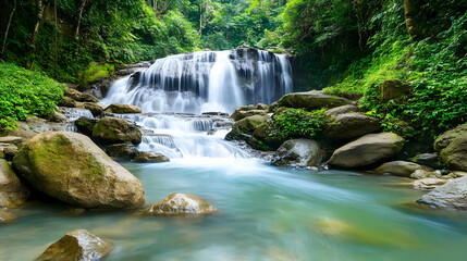 Lush Waterfall in Tropical Forest