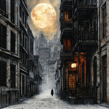 Fototapeta A Person Walking Alone on a Dark City Street at Night Under a Large Moon