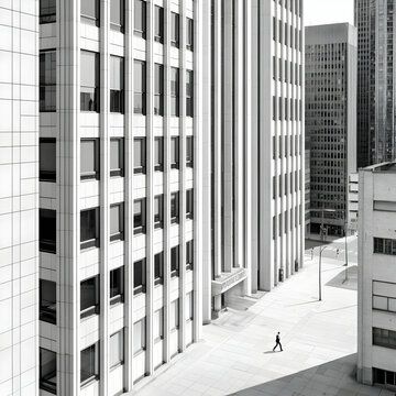 Fototapeta Black And White Cityscape: Person Walking Amidst Modern Buildings