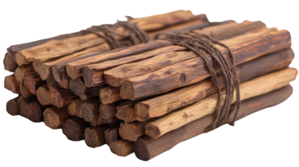 Sandalwood sticks bundled together on a white background