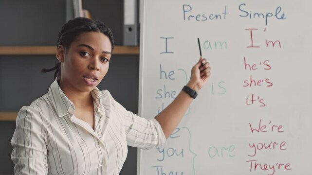 A woman guides students through the present simple tense in a remote learning environment. She uses a whiteboard with colorful text, making the lesson engaging and easy to understand.